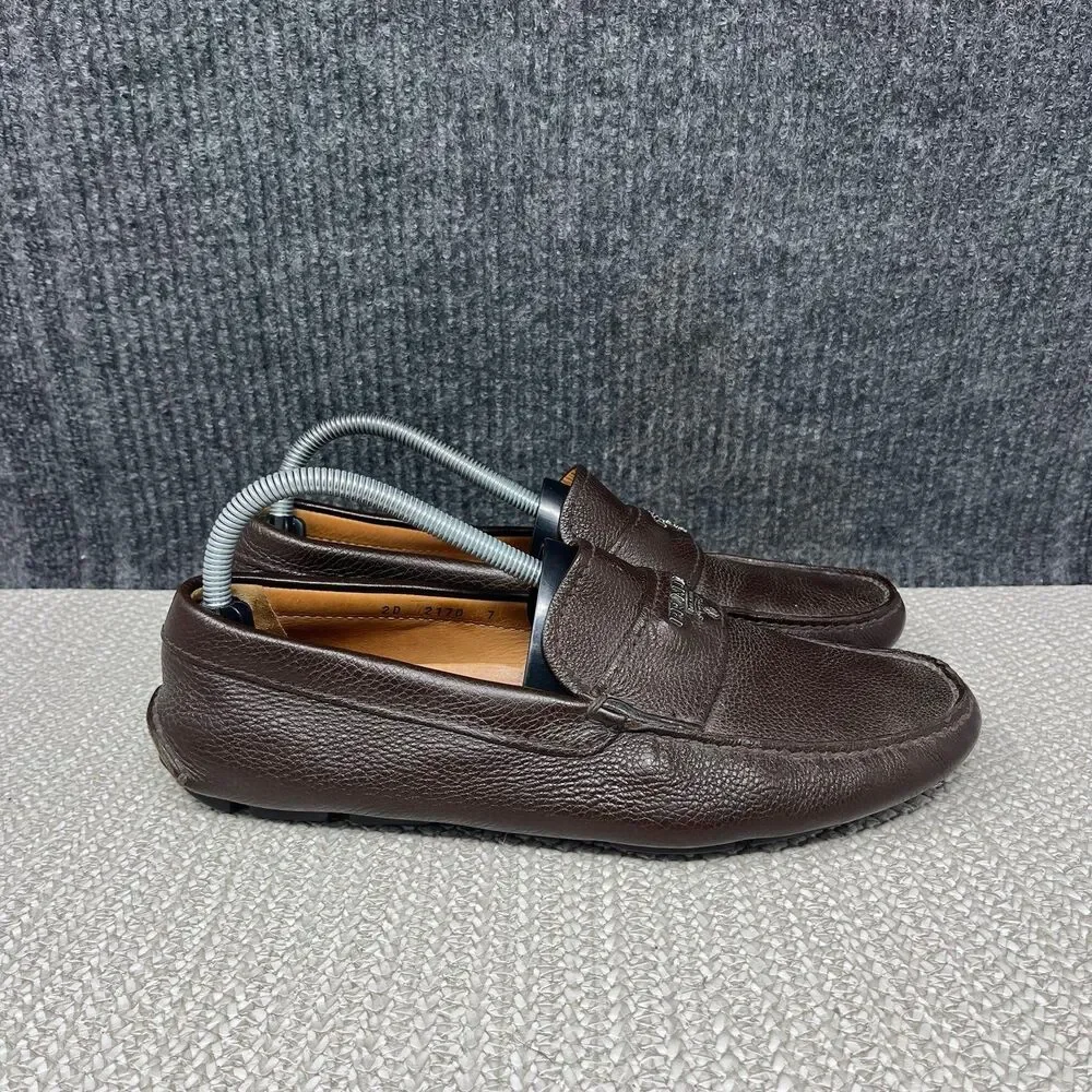 Prada Logo Pebbled Leather Driving Loafers Slip On Brown Italy Mens 7 2D2170